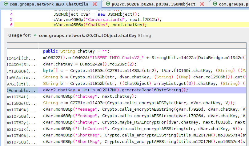 ChatKey references, among them a call to generateRand16ByteString(), used for initialisation